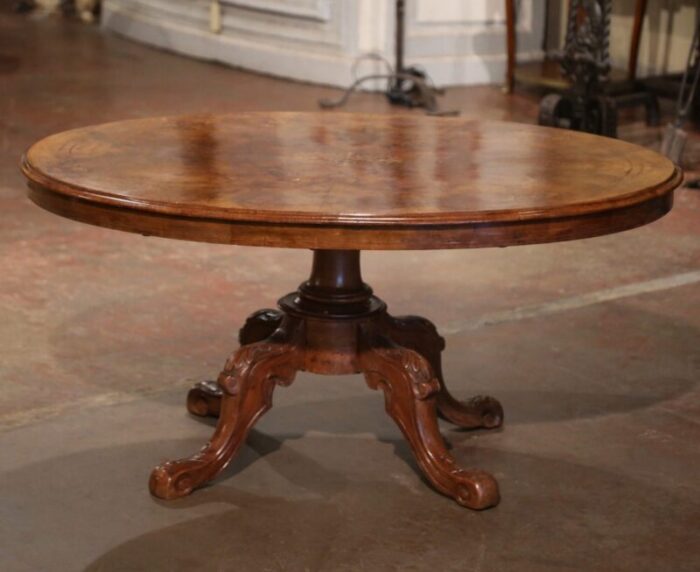 19th century english carved inlaid burl and walnut oval pedestal coffee table 9685