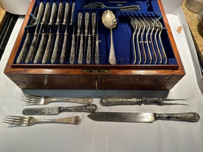 19th century english plated silver flatware set by john nowill and sons with box 1307