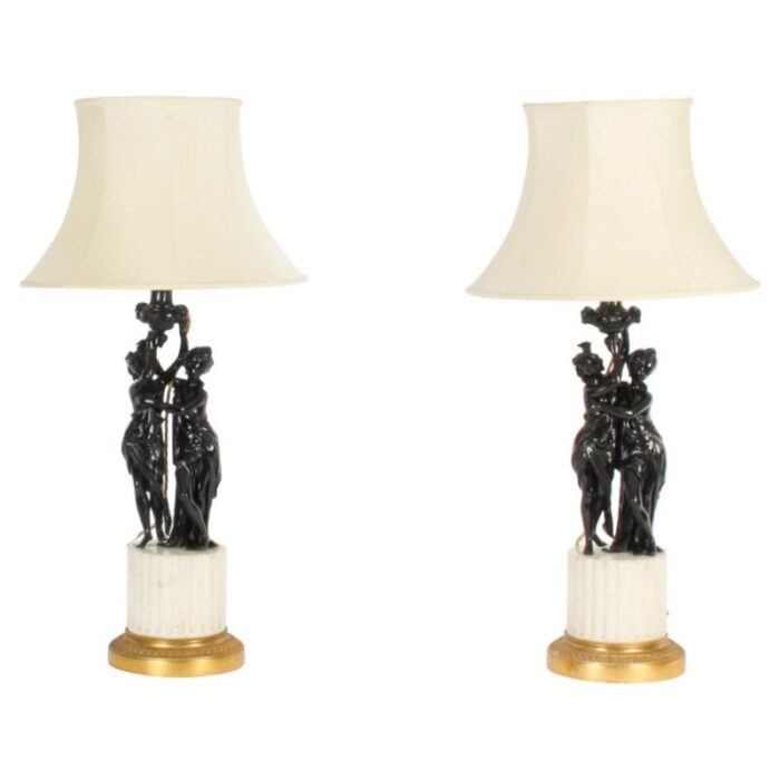 19th century french bronze bacchantes marble table lamps set of 2 1