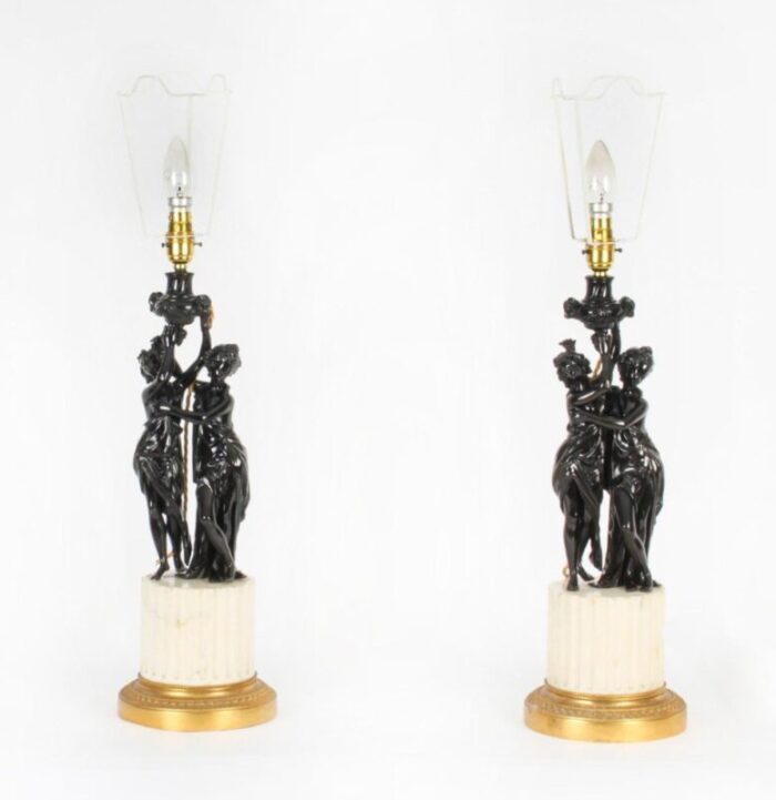 19th century french bronze bacchantes marble table lamps set of 2 2