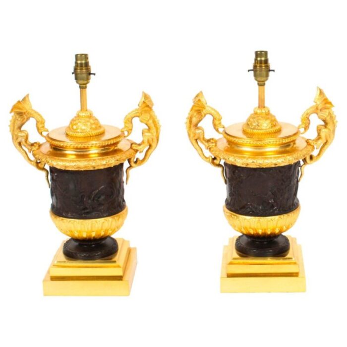 20th century ormolu patinated bronze urn table lamps set of 2 1