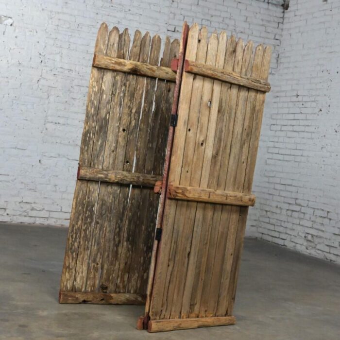 20th century rustic red and natural distressed manchester picket fence 3 panel folding screen 1009