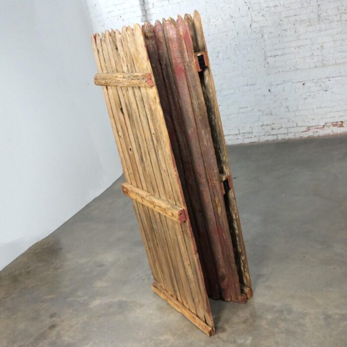 20th century rustic red and natural distressed manchester picket fence 3 panel folding screen 2064