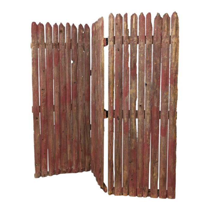 20th century rustic red and natural distressed manchester picket fence 3 panel folding screen 2093