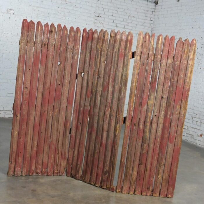 20th century rustic red and natural distressed manchester picket fence 3 panel folding screen 2862