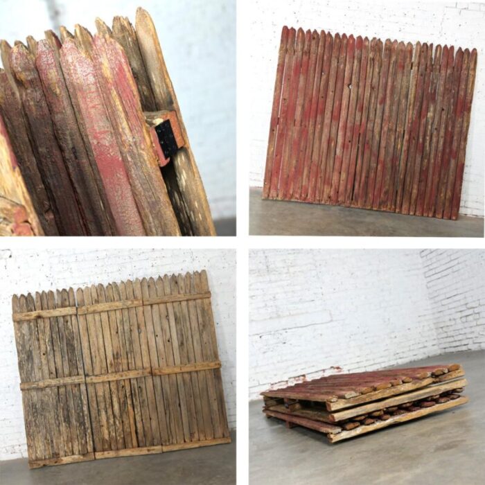 20th century rustic red and natural distressed manchester picket fence 3 panel folding screen 5052