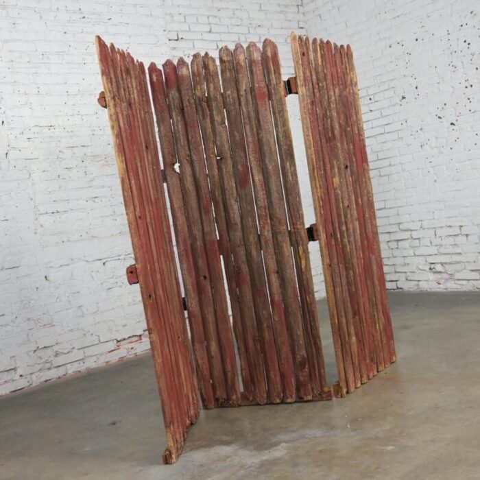 20th century rustic red and natural distressed manchester picket fence 3 panel folding screen 5191