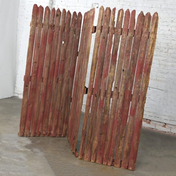 20th century rustic red and natural distressed manchester picket fence 3 panel folding screen 6857