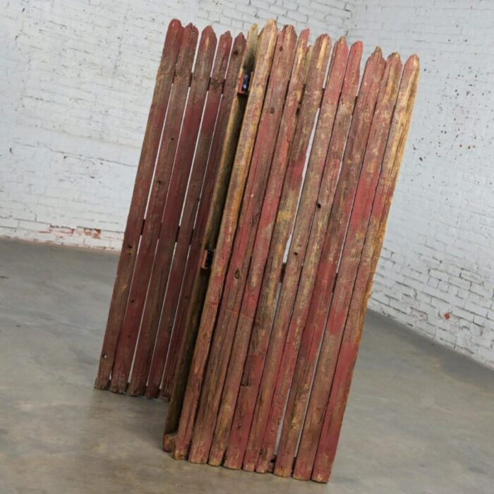 20th century rustic red and natural distressed manchester picket fence 3 panel folding screen 6889