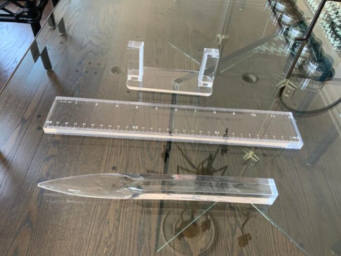 3 piece set of 1980s acrylic desk set business card holder letter opener ruler 1136