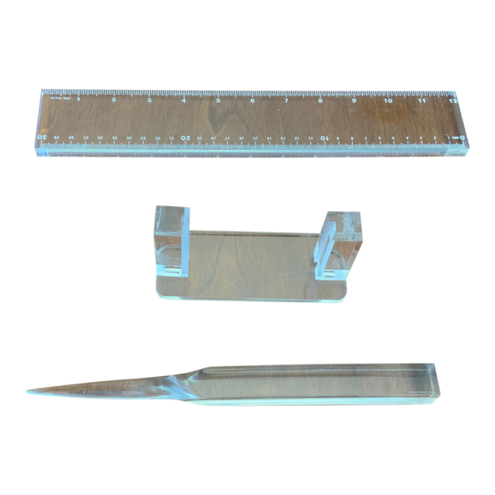 3 piece set of 1980s acrylic desk set business card holder letter opener ruler 6596