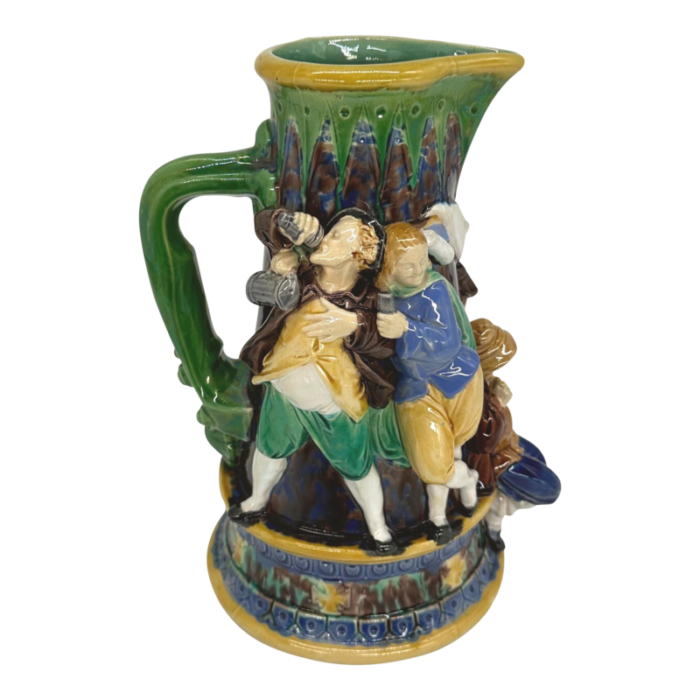 a minton majolica ale jug with five revelers in medieval dress dated 1862 0679