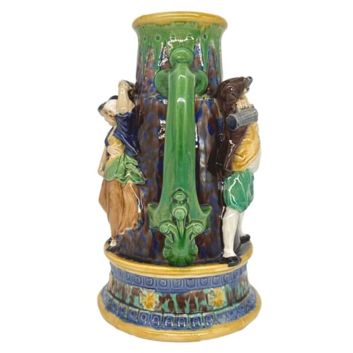 a minton majolica ale jug with five revelers in medieval dress dated 1862 1704