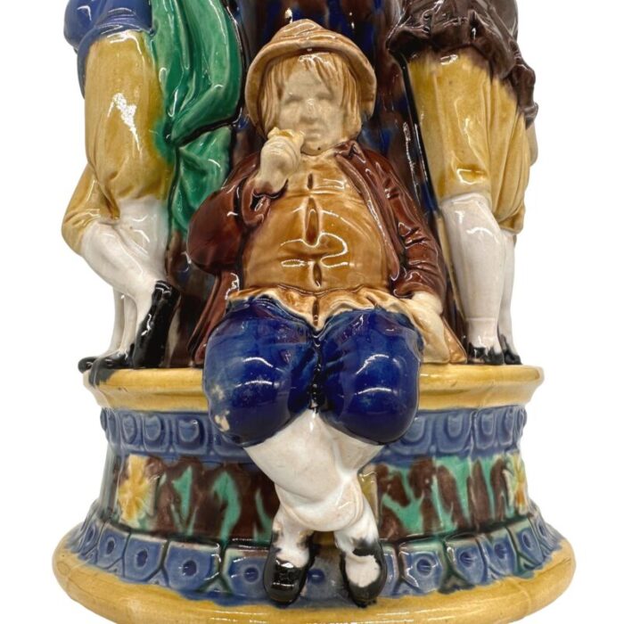 a minton majolica ale jug with five revelers in medieval dress dated 1862 2442