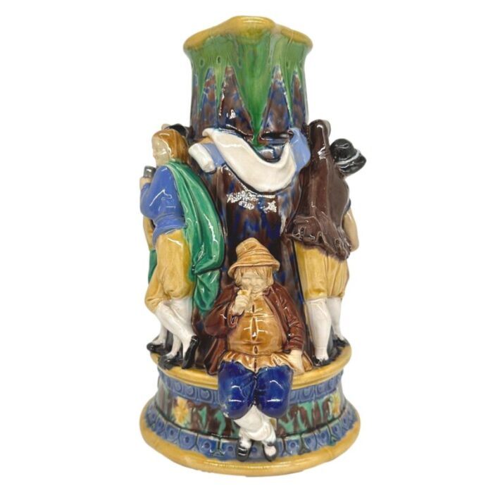 a minton majolica ale jug with five revelers in medieval dress dated 1862 2828