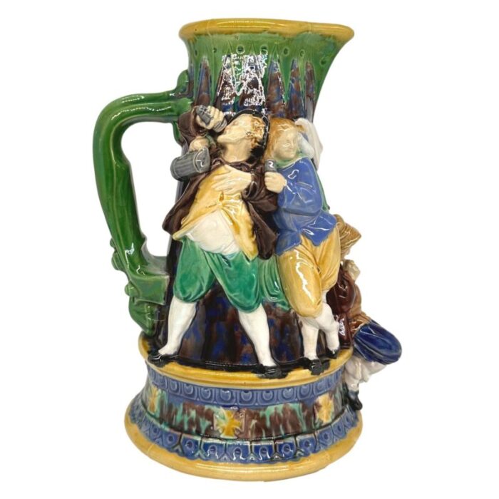 a minton majolica ale jug with five revelers in medieval dress dated 1862 3011