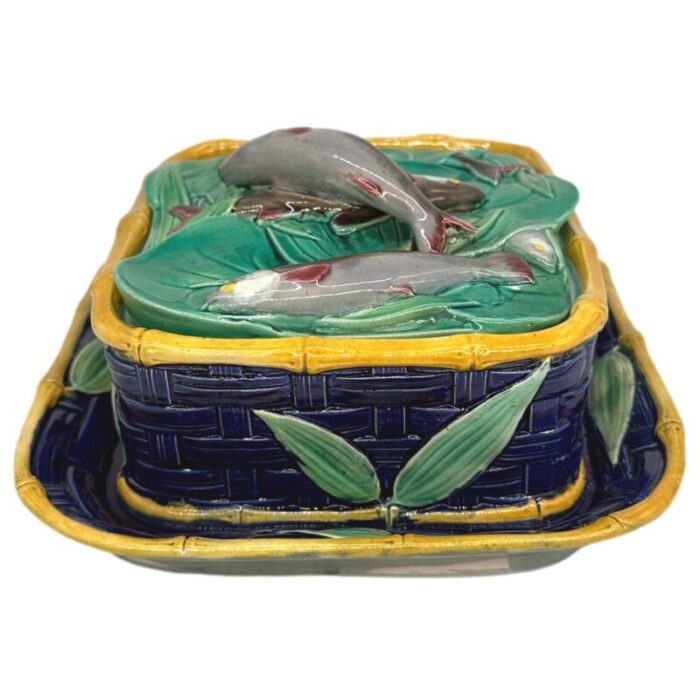 a victoria pottery majolica cobalt basketweave sardine box english ca 1883 0303