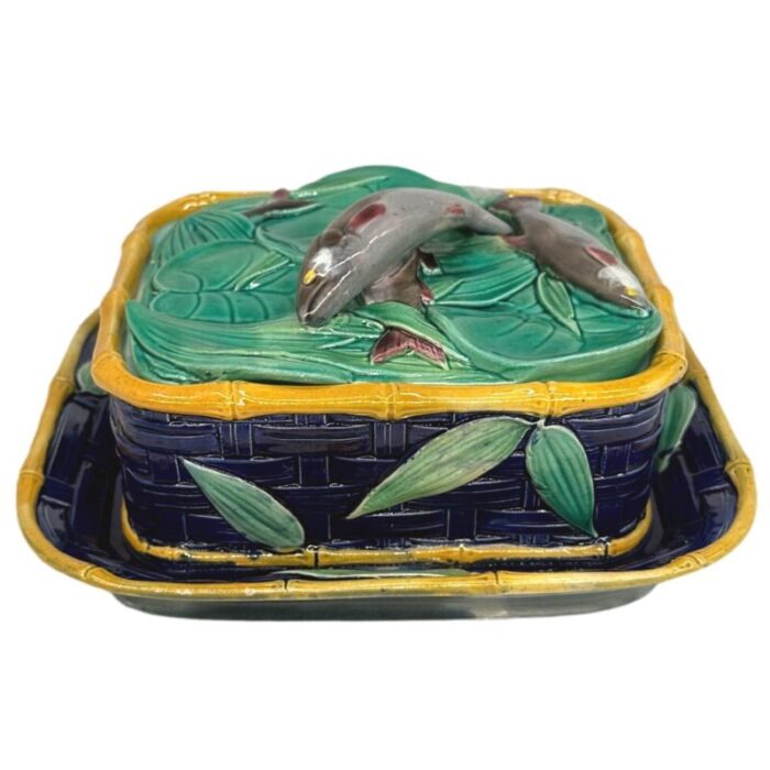 a victoria pottery majolica cobalt basketweave sardine box english ca 1883 3400