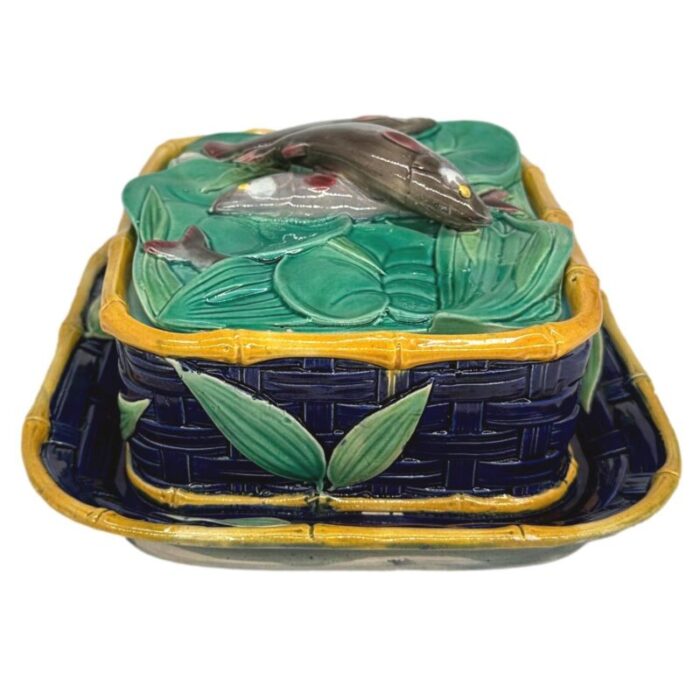 a victoria pottery majolica cobalt basketweave sardine box english ca 1883 5644