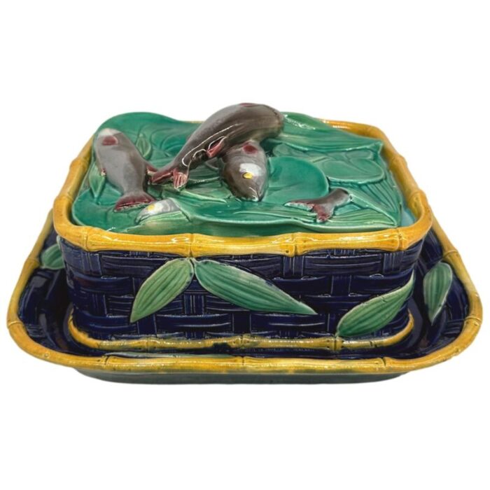 a victoria pottery majolica cobalt basketweave sardine box english ca 1883 8720