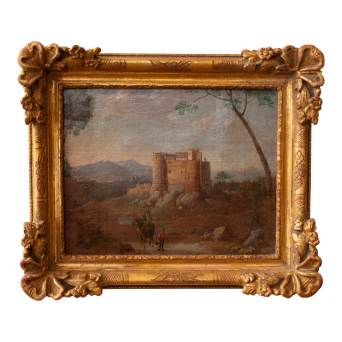 antique 18th century french oil painting of chateau in gold frame 0096