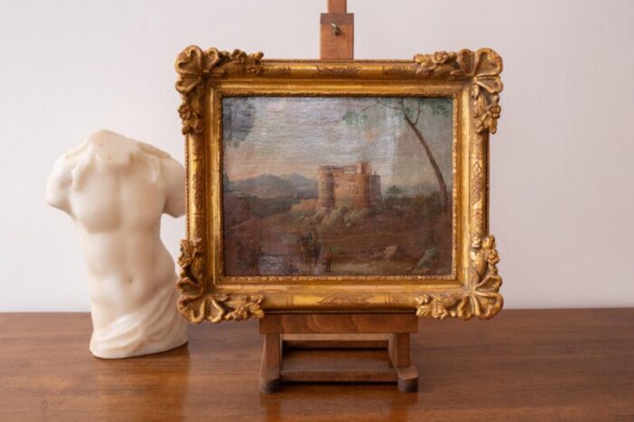 antique 18th century french oil painting of chateau in gold frame 0993