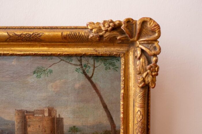 antique 18th century french oil painting of chateau in gold frame 8867