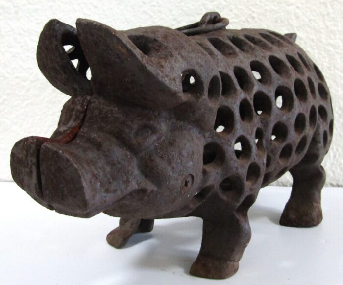 antique decorative cast iron pig standing candle holder or hanging lantern 11 l 7323