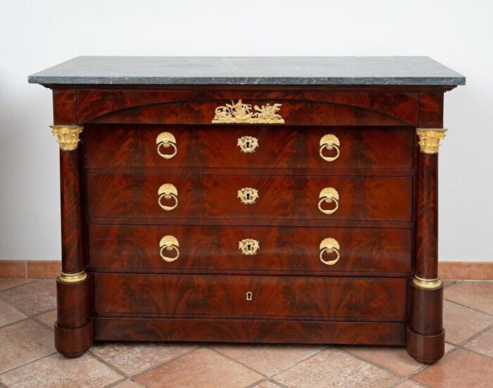 antique french empire chest of drawers in mahogany feather with bardiglio gray marble top early 19th century 1057