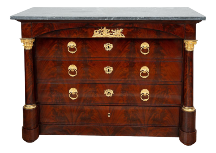 antique french empire chest of drawers in mahogany feather with bardiglio gray marble top early 19th century 1172