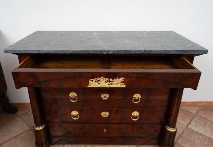 antique french empire chest of drawers in mahogany feather with bardiglio gray marble top early 19th century 6211