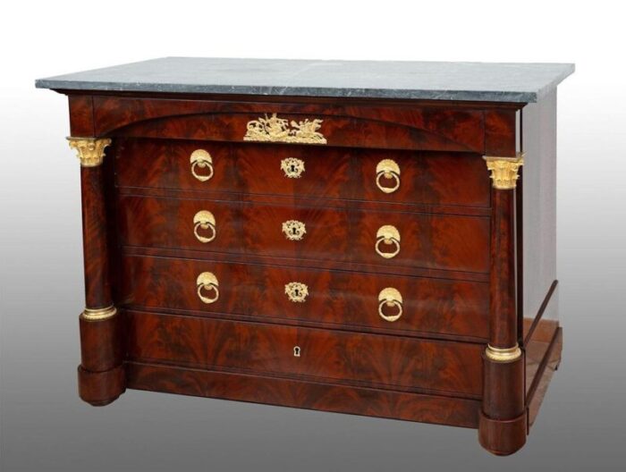 antique french empire chest of drawers in mahogany feather with bardiglio gray marble top early 19th century 6358