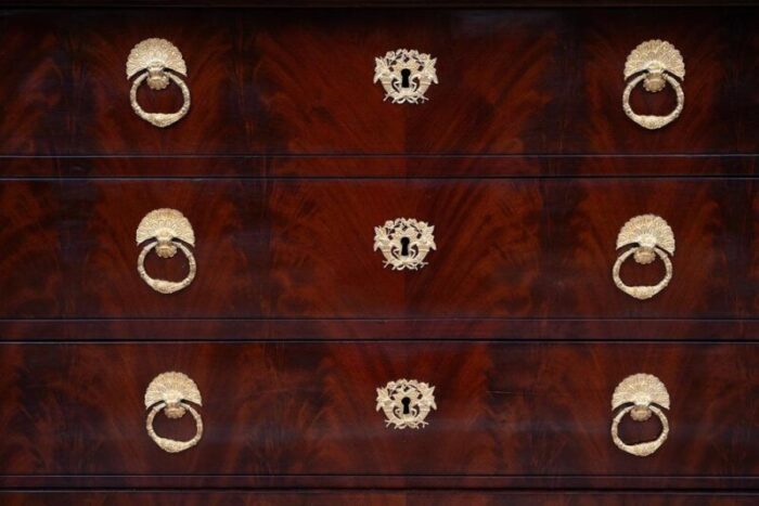 antique french empire chest of drawers in mahogany feather with bardiglio gray marble top early 19th century 6822