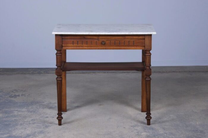 antique french louis xvi provincial style walnut wash table or vanity w white marble top 3691