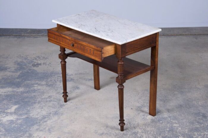 antique french louis xvi provincial style walnut wash table or vanity w white marble top 6342