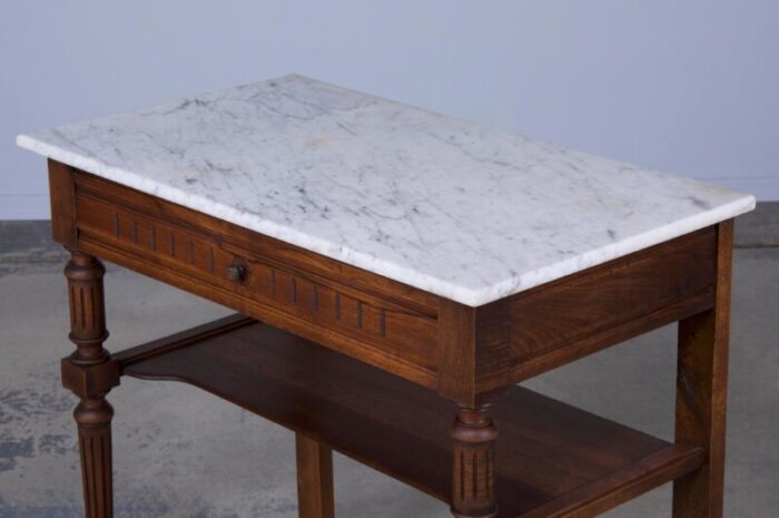 antique french louis xvi provincial style walnut wash table or vanity w white marble top 8315