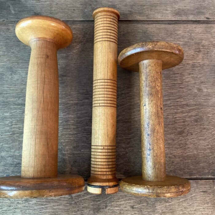 antique industrial wood textile spools and bobbin set of 3 1122