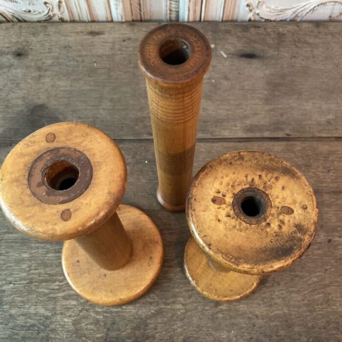 antique industrial wood textile spools and bobbin set of 3 3553