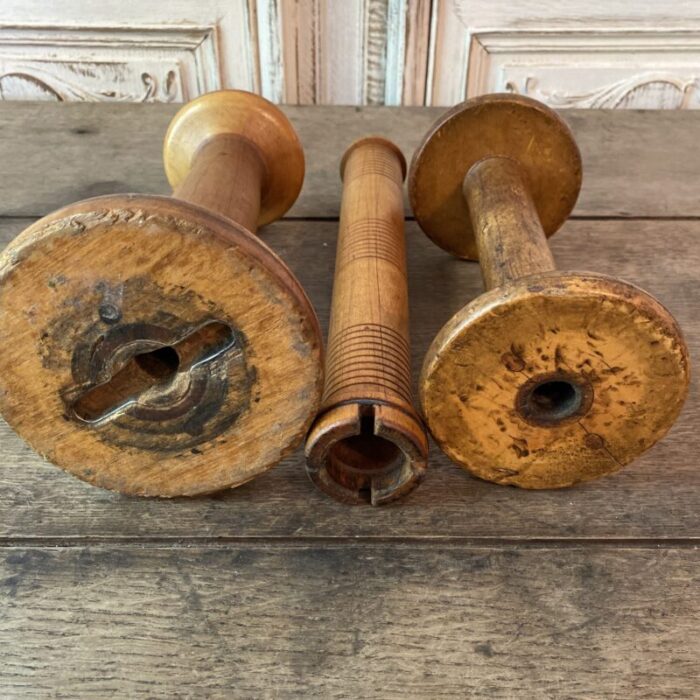 antique industrial wood textile spools and bobbin set of 3 3760