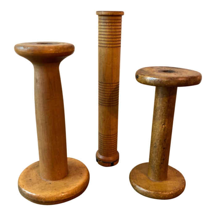 antique industrial wood textile spools and bobbin set of 3 3946