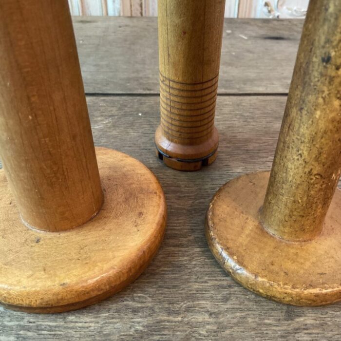 antique industrial wood textile spools and bobbin set of 3 4687