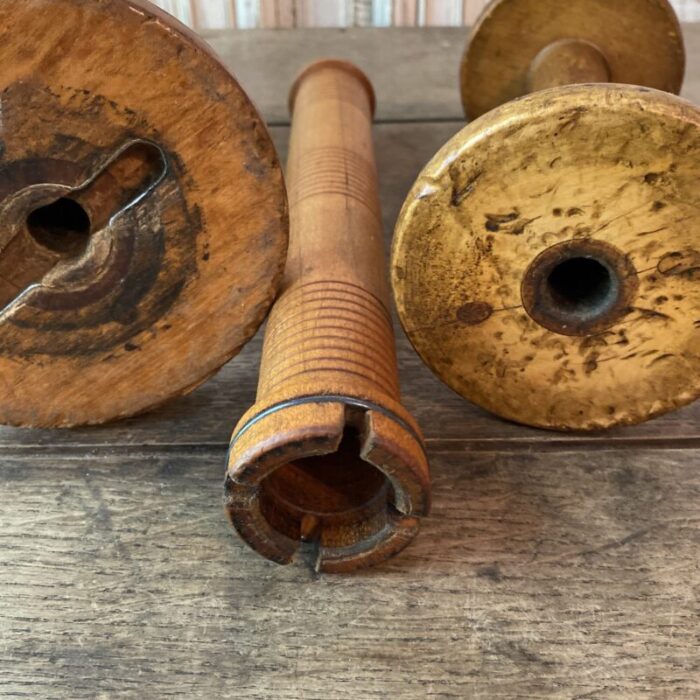 antique industrial wood textile spools and bobbin set of 3 5915