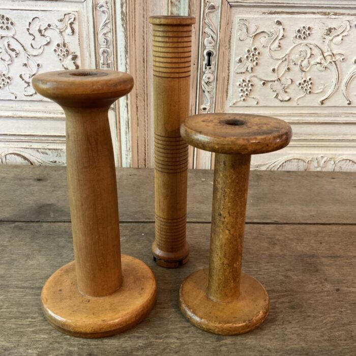 antique industrial wood textile spools and bobbin set of 3 9624