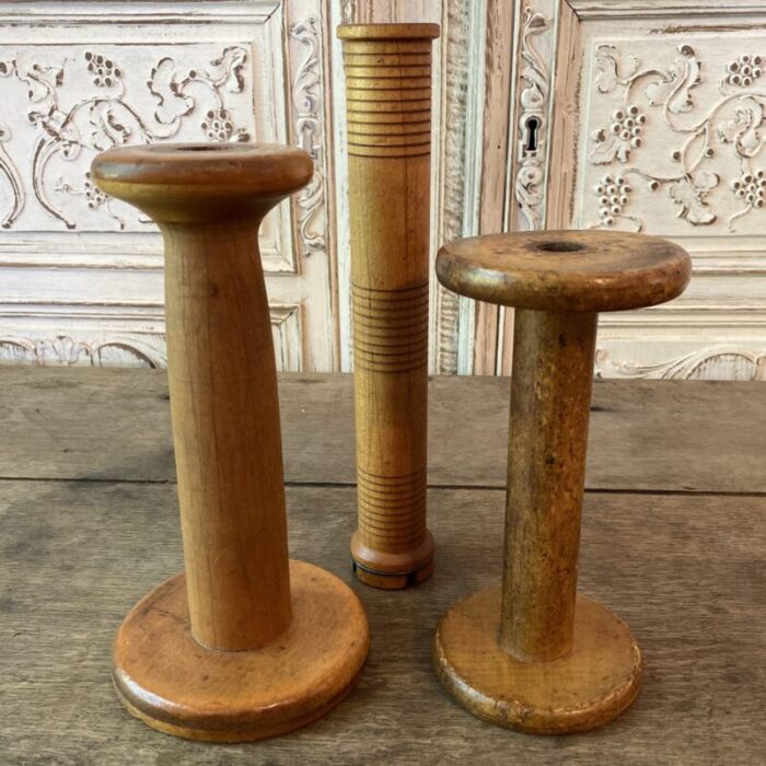 antique industrial wood textile spools and bobbin set of 3 9965