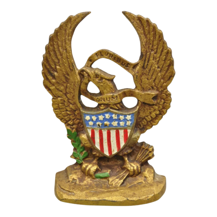 antique patriotic cast iron figural gold american flag and eagle painted door stop 4069