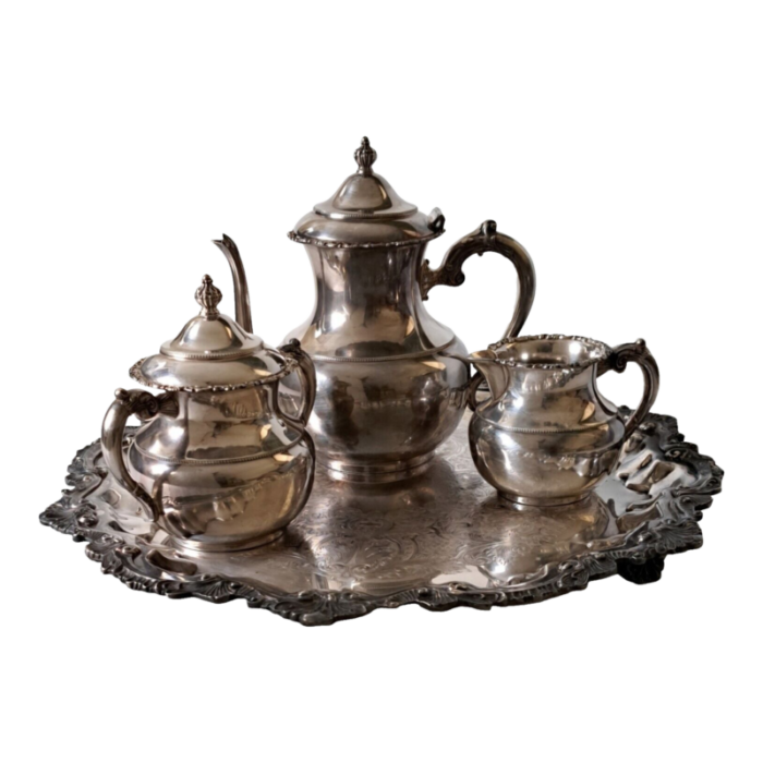 antique van bergh quadruple coffeetea set with wallace chippendale footed tray 5 pieces 1957