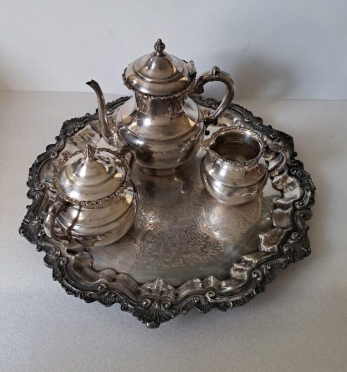 antique van bergh quadruple coffeetea set with wallace chippendale footed tray 5 pieces 4646