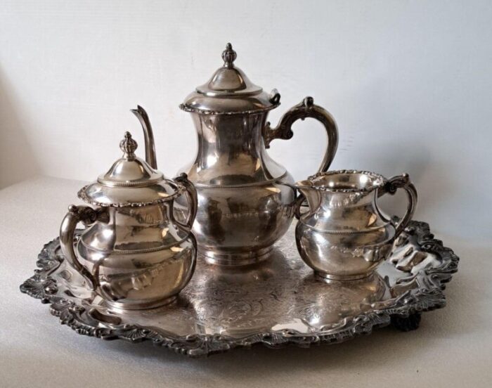 antique van bergh quadruple coffeetea set with wallace chippendale footed tray 5 pieces 5386