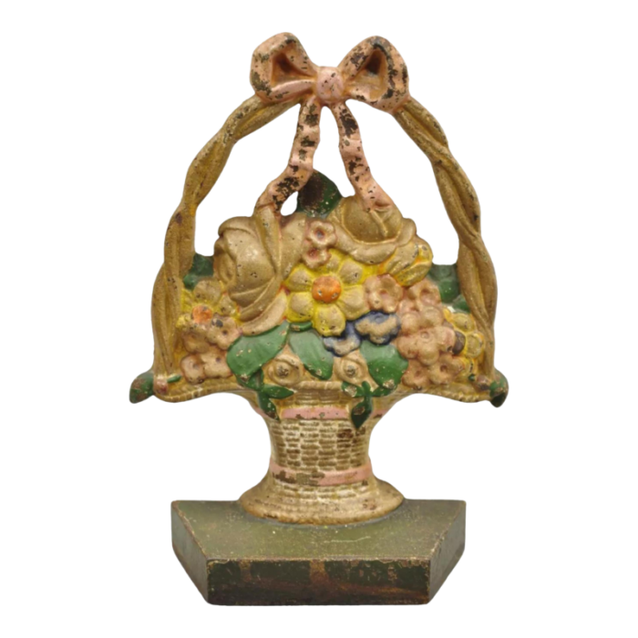 antique victorian cast iron painted floral bouquet pink bow basket door stop 6973