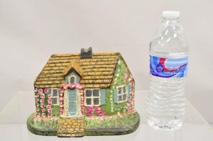 antique victorian cast iron painted green and pink cottage house door stop 0617